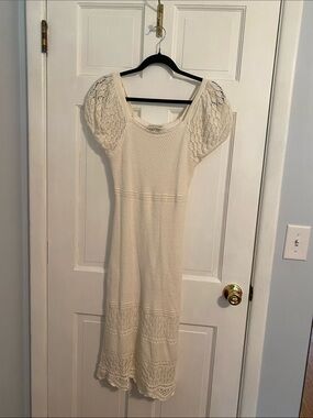 Cream Knit Midi Dress with Puff Sleeves and Crochet Hem